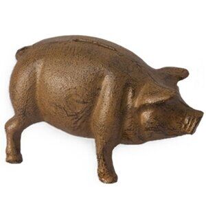 Cast Iron Pig Piggy Bank 7 1/4" long by 4" tall Rubber Stopper in bottom 04614